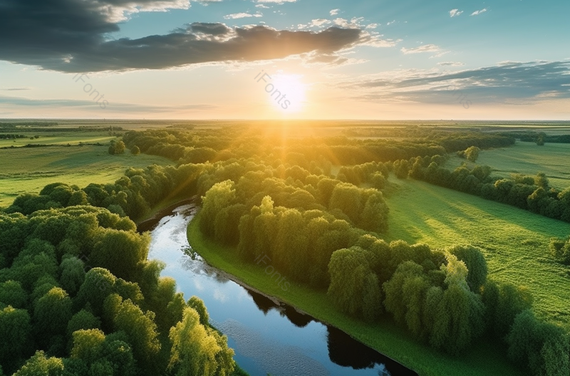 鸟瞰视角夏天太阳阳光照亮了森林树木溪流美丽的无人场景自然风景图像摄影,高清,摄影图,摄影图片,图片大全,摄影图免费下载